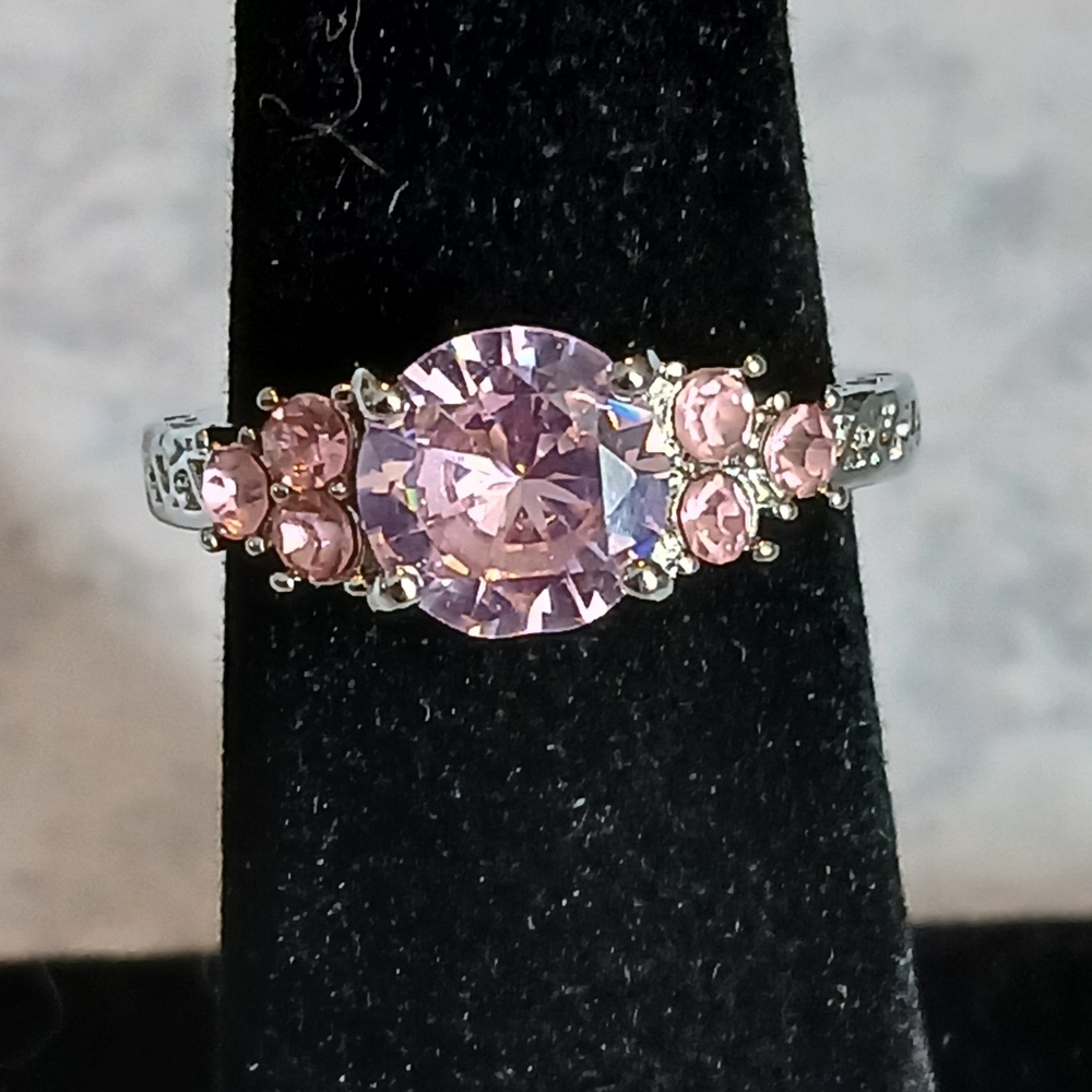 Stunning Pink Crystal And Silver Ring